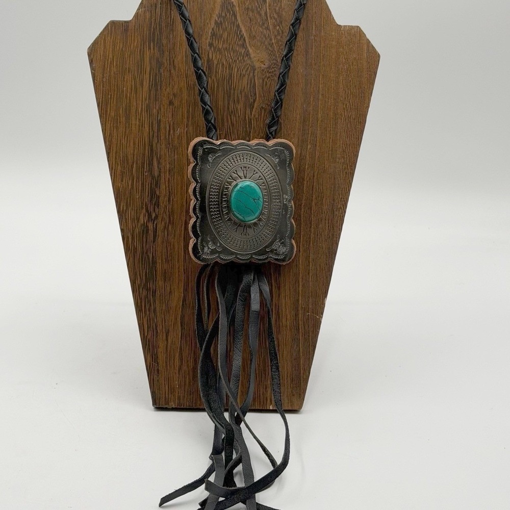 Western Bolo Tie Silver Turquoise Concho Braided Leather Fringe Tassel Black